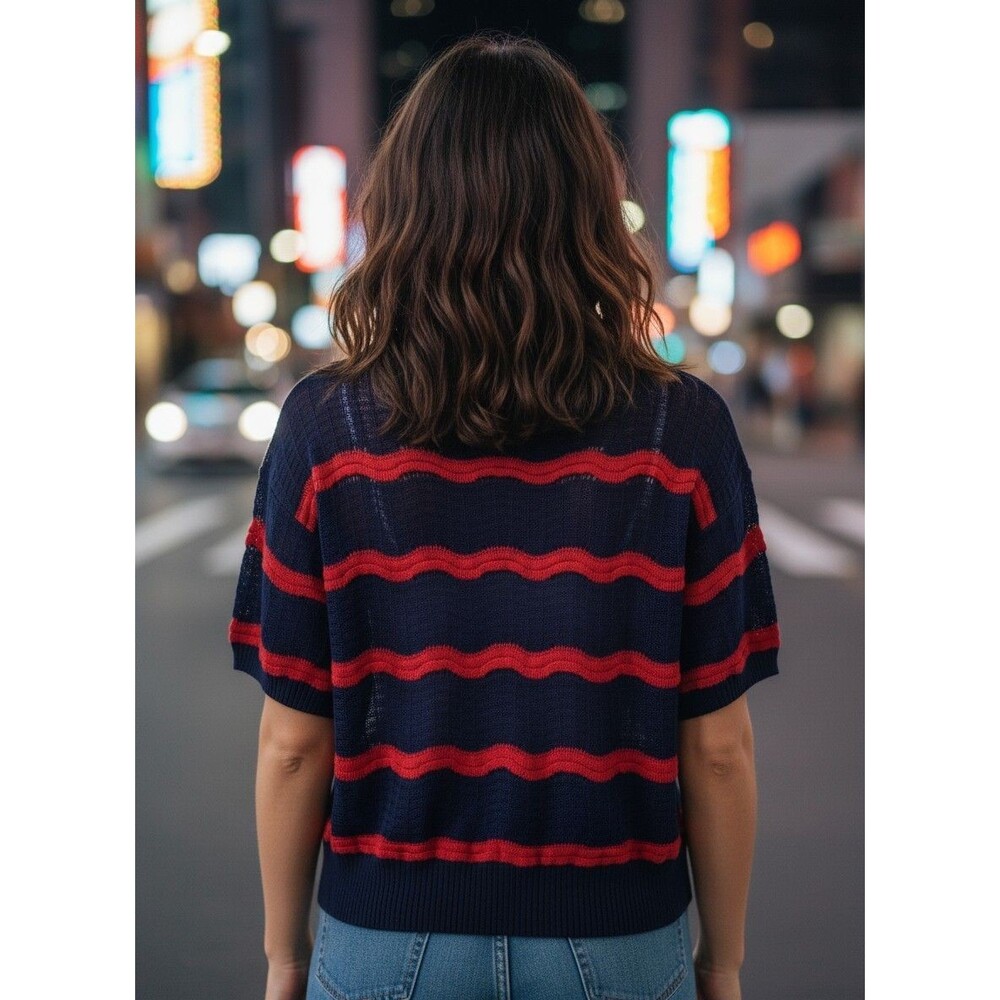 Dokotoo Women's S Blue Red Striped Knit Short Sleeve Sweater Top